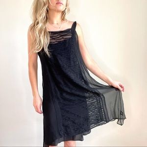 Eileen Fisher Black 100% Silk Ruffle Overlay Dress